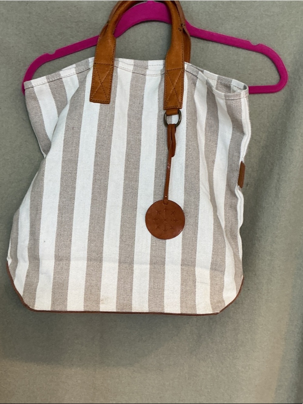 Beige and White Striped Canvas Tote with Brown Leather Accents